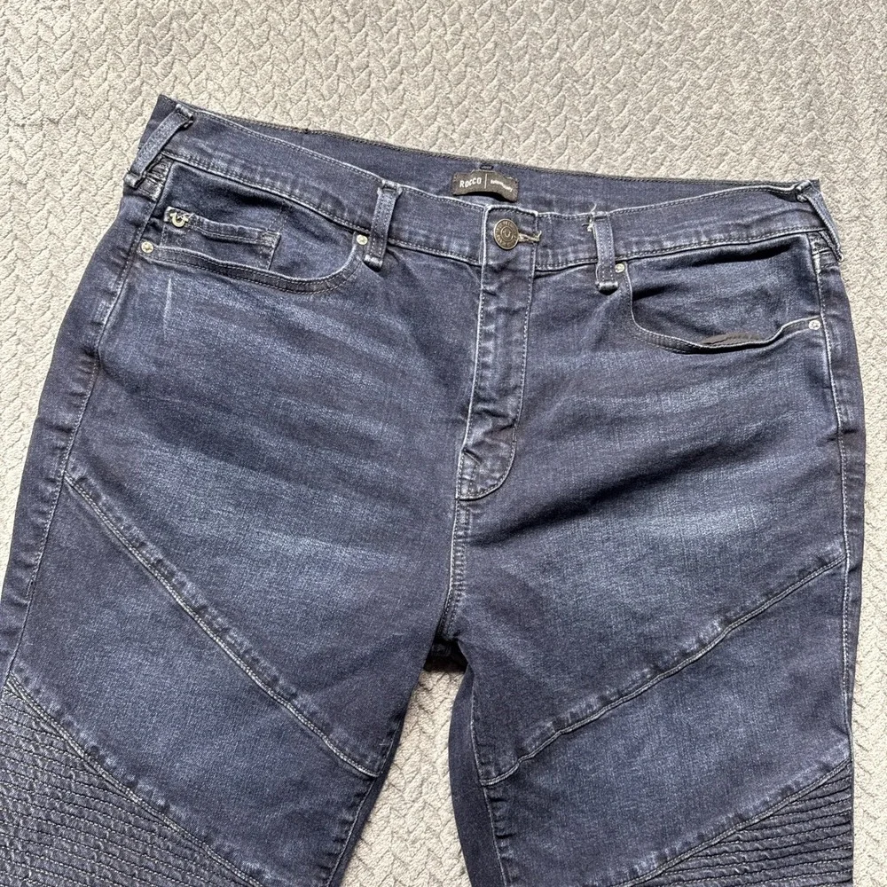 True Religion Rocco Men 38x33 Biker Moto Relaxed Skinny Denim Blue Jeans Stretch